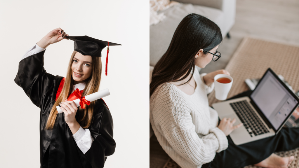 Skills vs Degree: What Matters More for Career Success in 2026? a split screen showing graduates holding degrees on one side and professionals working on laptops with technical tools on the other. (1)